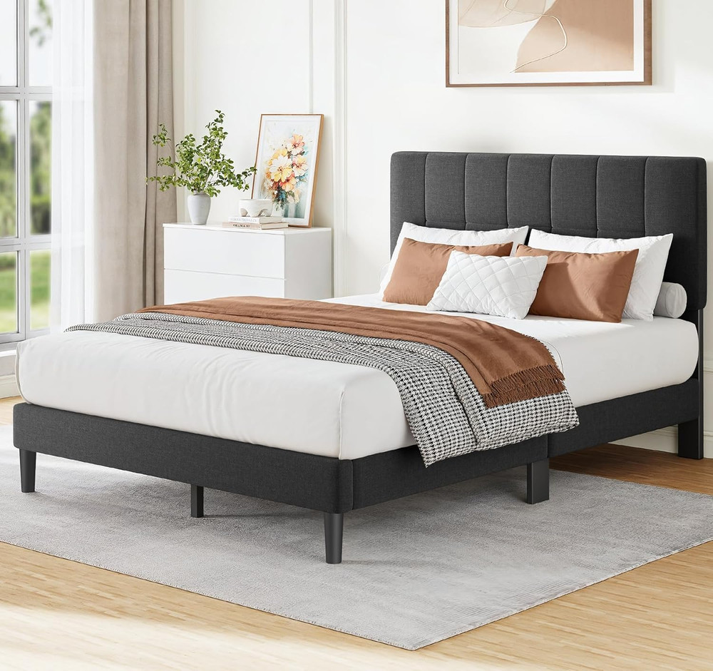 Amada Queen Bed Frame with 12 Thickened Legs & Adjustable Fabric Upholstered Hea