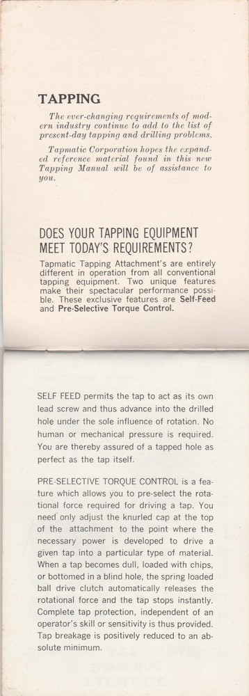 VINTAGE TAPMATIC TAPPING MANNUAL