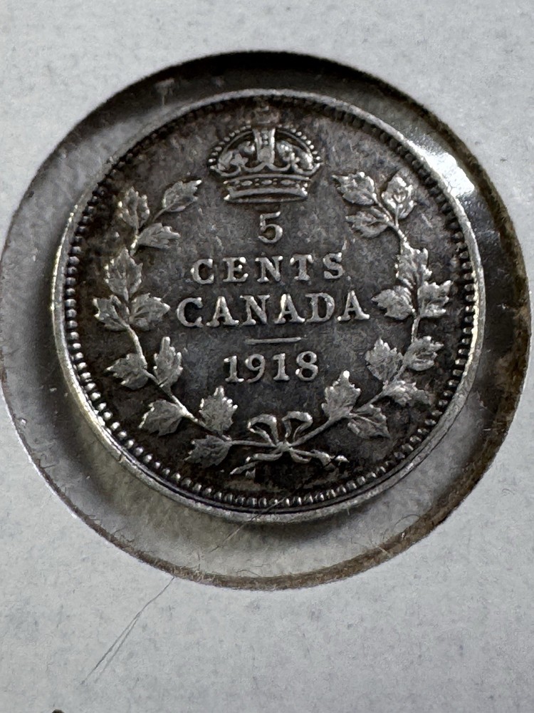 1918 Canada 5 Cents Silver Coin Cleaned