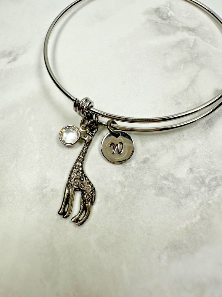 Silver Tone Adjustable Bangle Bracelet with Giraffe & "W" Dangles - 6.5"