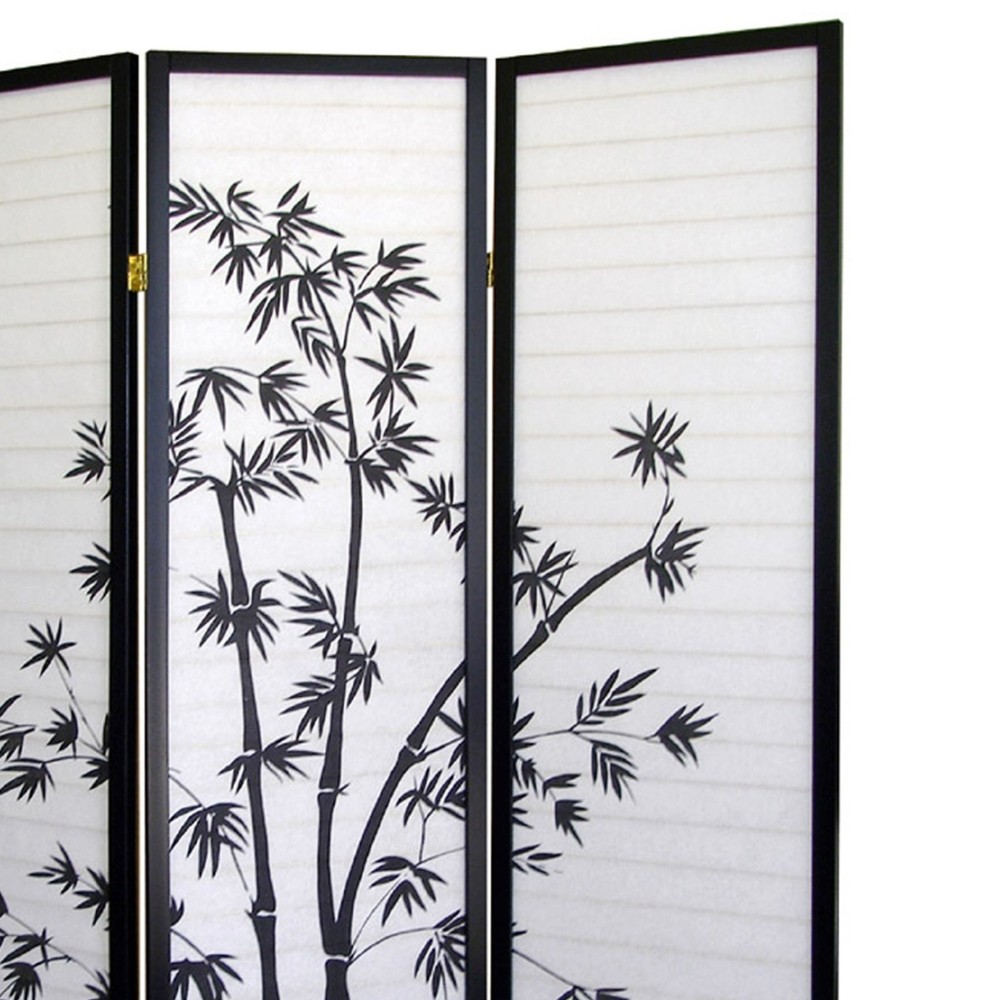 70" Tall 3-Panel Screen / Room Divider, Bamboo Design with Black finish