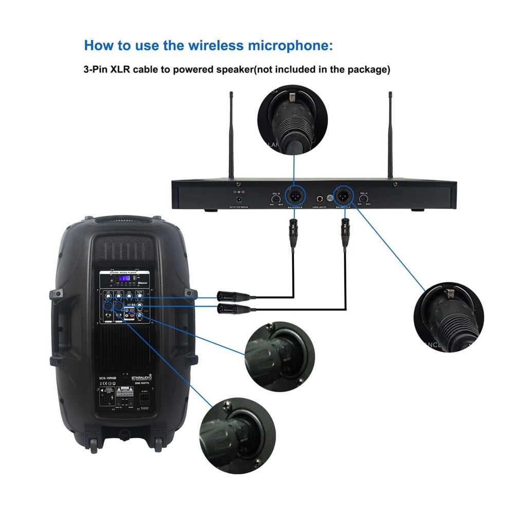 Wireless Microphones System Dynamic 2Channel Handheld Mic Karaoke UHF Microphone