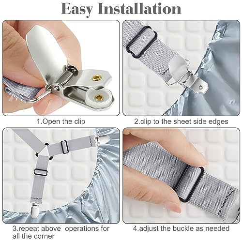Bed Sheet Fasteners Straps - 4 Pack Adjustable Bed Sheet Holder 4 Pcs Grey
