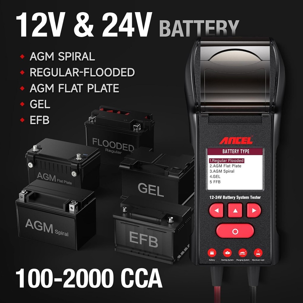 ANCEL BST600 Car Battery Tester Load with Printer 2V/24V 100-2000 CCA Analyzer