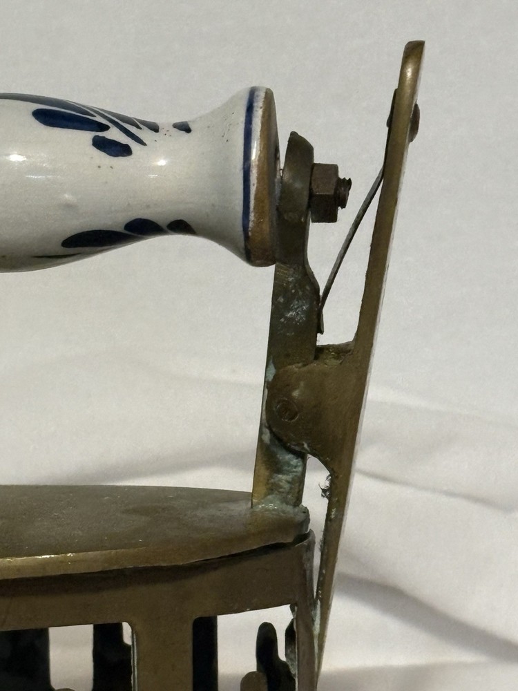 Antique Solid Brass Coal Iron Pottery Handle Dutch Delft White And Blue Handle