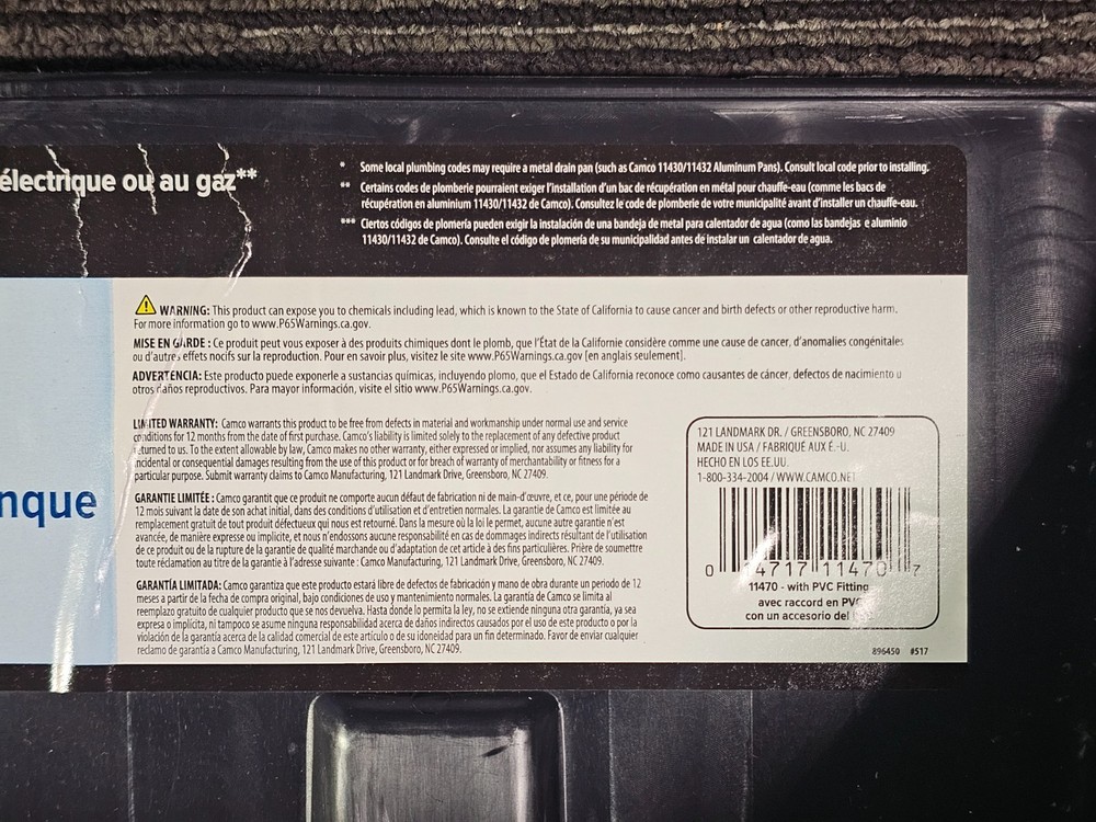 (QTY 6) CAMCO 11470 Tankless Water Heater Drain Pan Plastic W/PVC Fittings