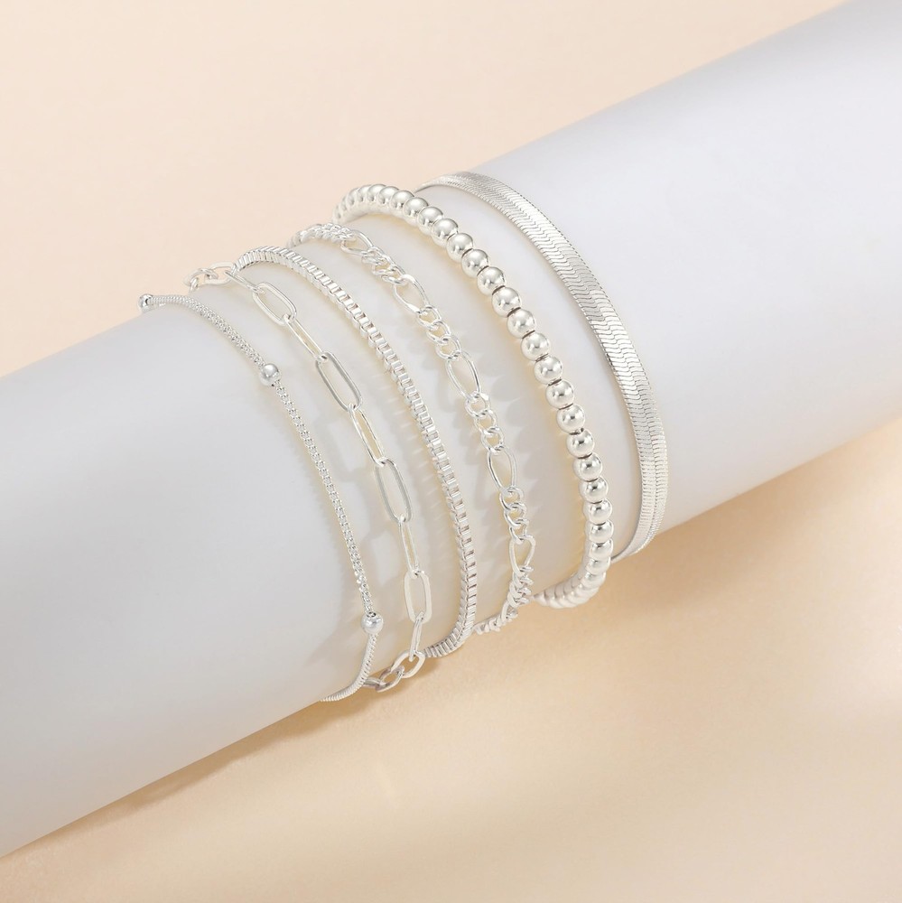DEARMAY Dainty Silver Plated Bracelets Adjustable, 6Pcs A