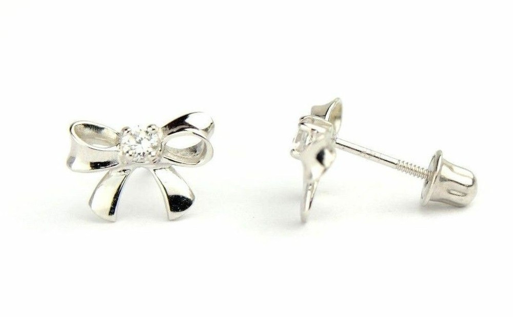 14k Solid White or Yellow Gold Bow Tie Stud Earrings with CZ