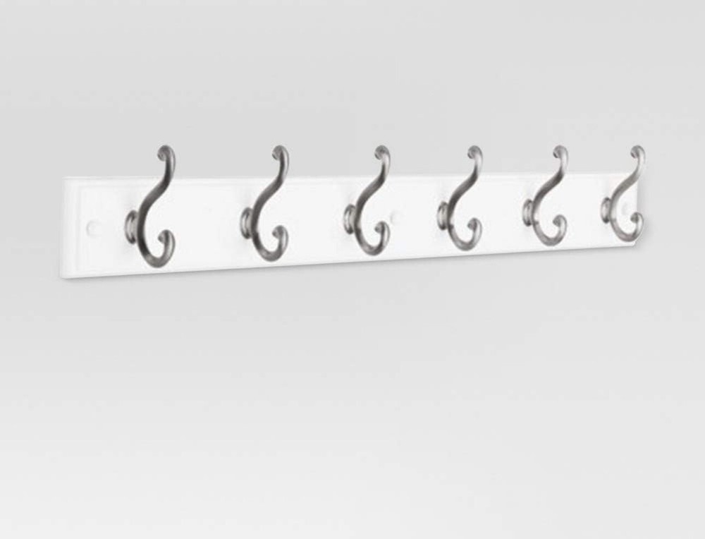 (2) Threshold 27" Scroll 6 Hook Coat Hat Rack Rail Elegant - White/Satin Nickel