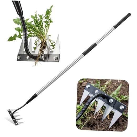 Iron Weeding Rake with Long Handle - Upgraded Weed Puller Tool, Heavy 5 Teeth