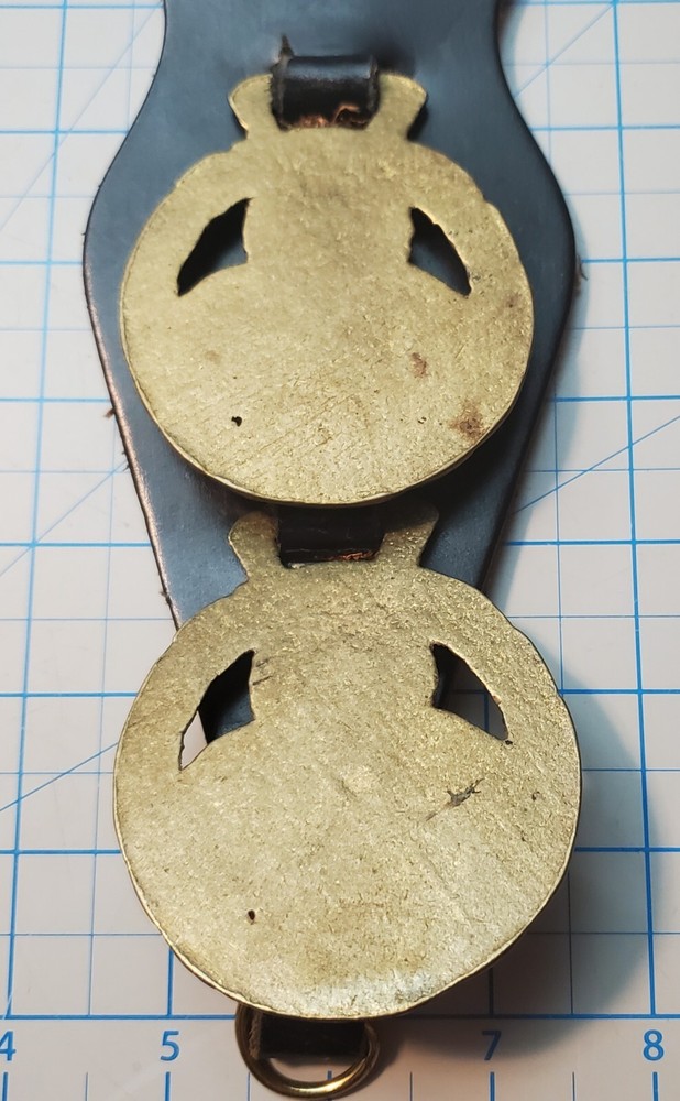 TWO Vintage No Evil Wise Monkey Brass Harness Ornaments with Leather Display