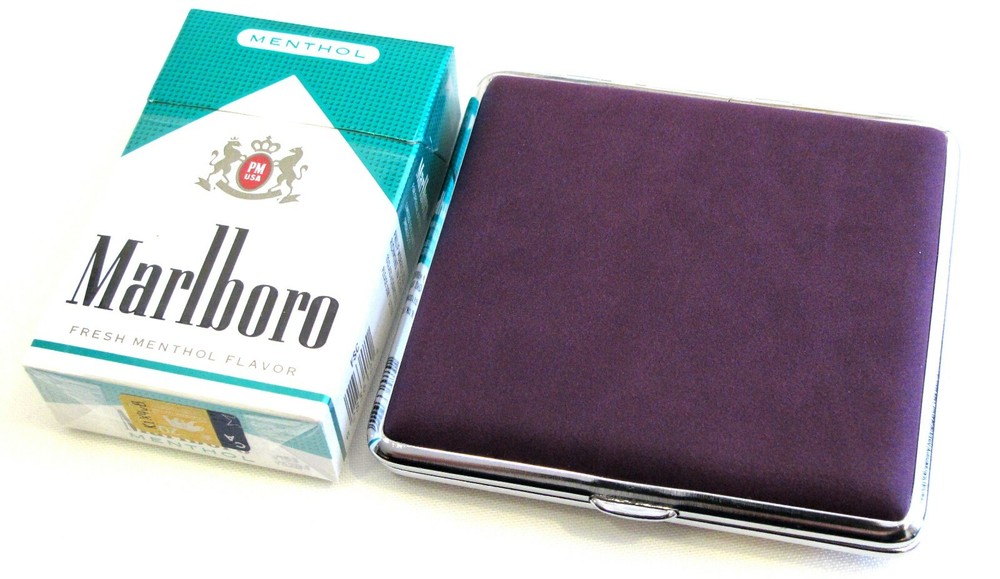 2pc Set Stainless Steel Cigarette Case Hold 20pc Regular Size 84s -PURPLE + BLUE