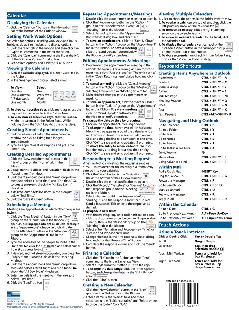 Outlook 2016 Training Guide Quick Reference Card 4 Page Cheat Sheet Instructions