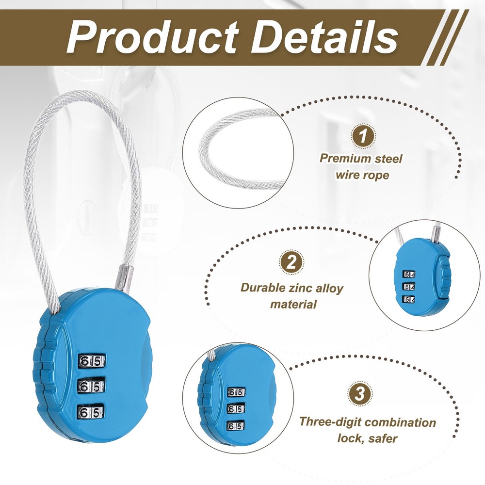 1-Pack Combination Padlock, 3 Digit Round Shaped Cable Luggage Lock [Blue]