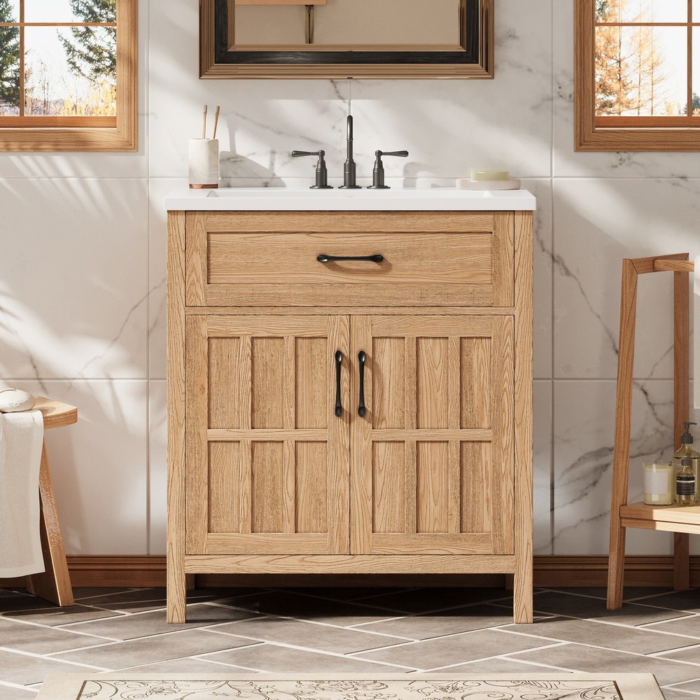 30" Bathroom Vanity with Resin Sink & Door Organizer, Solid Wood Frame