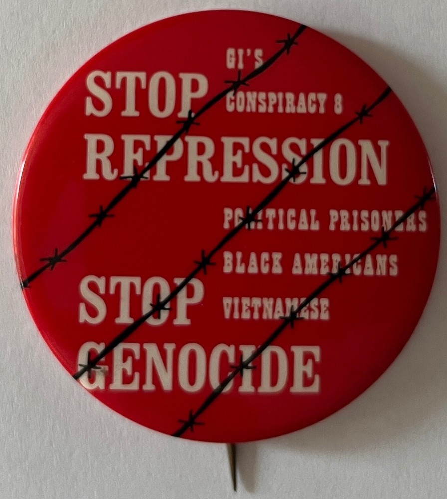 Anti Vietnam War button Stop Genocide Black GI's Repression peace protest cause
