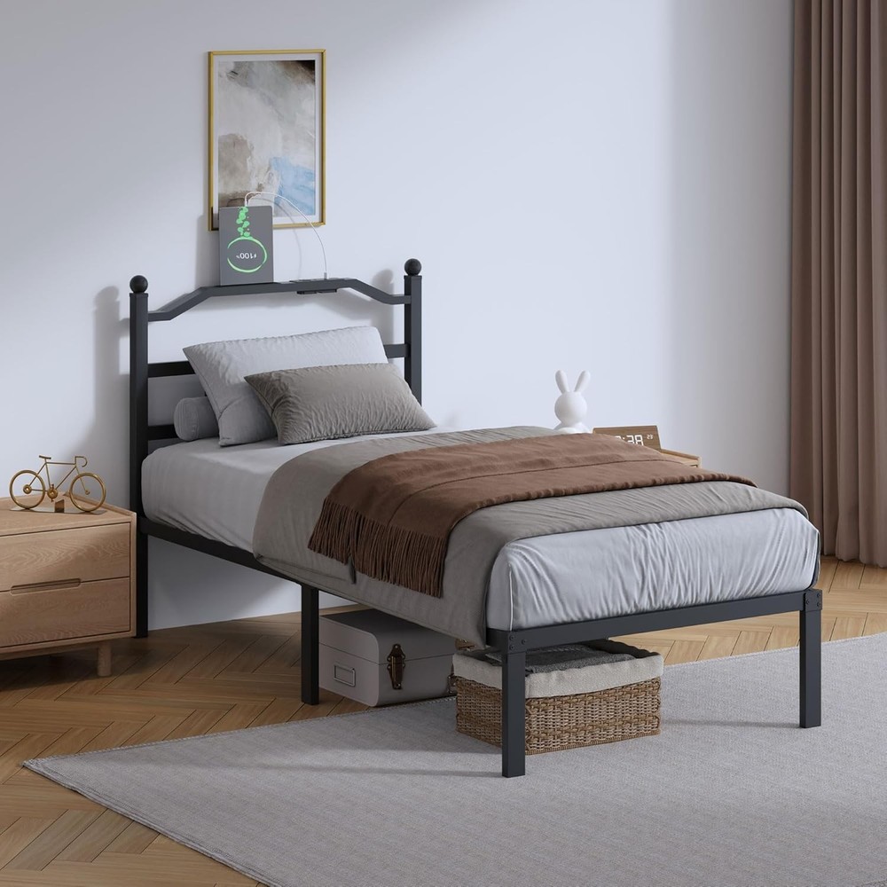 14 Inch Metal Bed Frame Twin Size Heavy Duty Bedframe W/ Headboard Black Basic