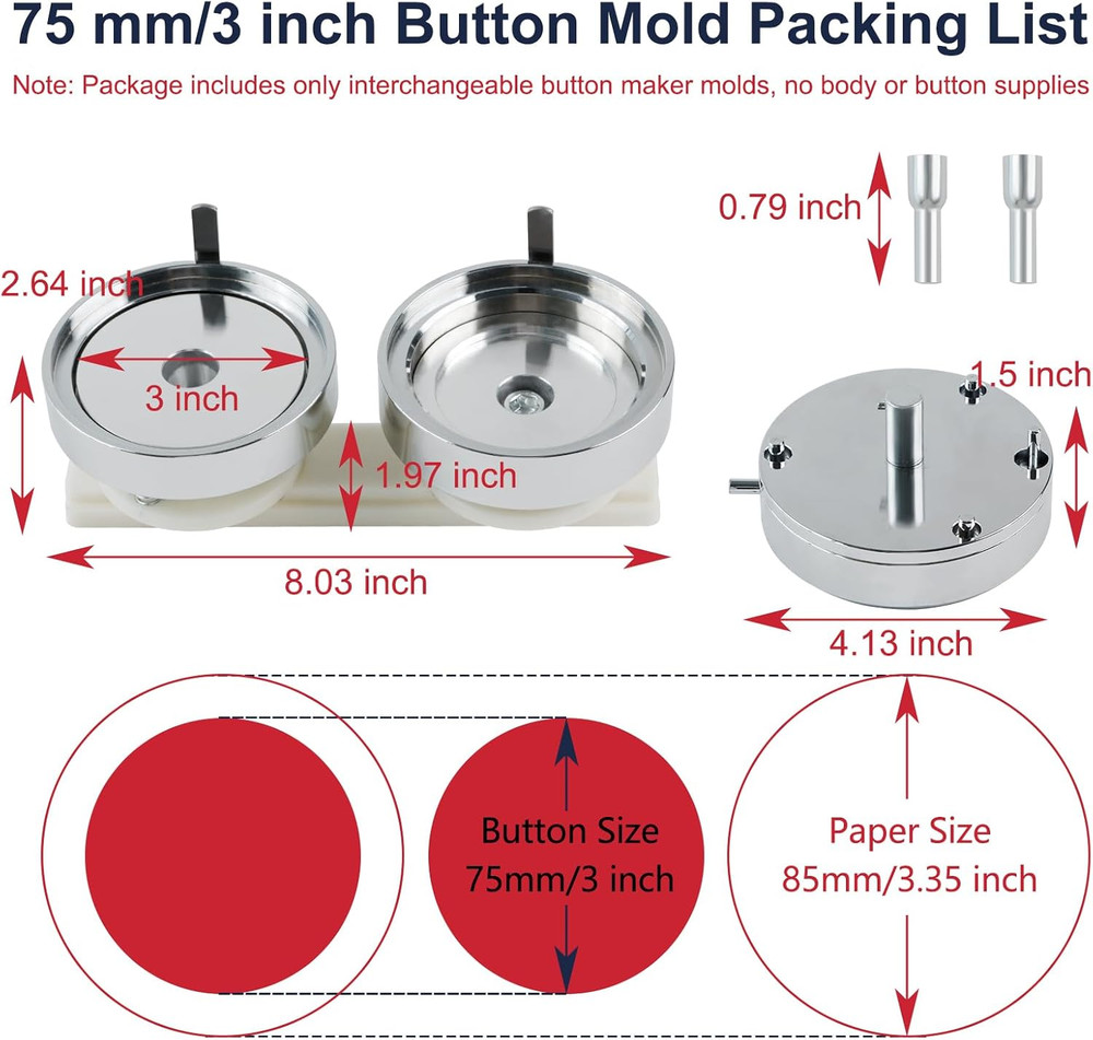 3" Button Maker Mold - Interchangeable Die for Slide Rail Machine - Silver Metal
