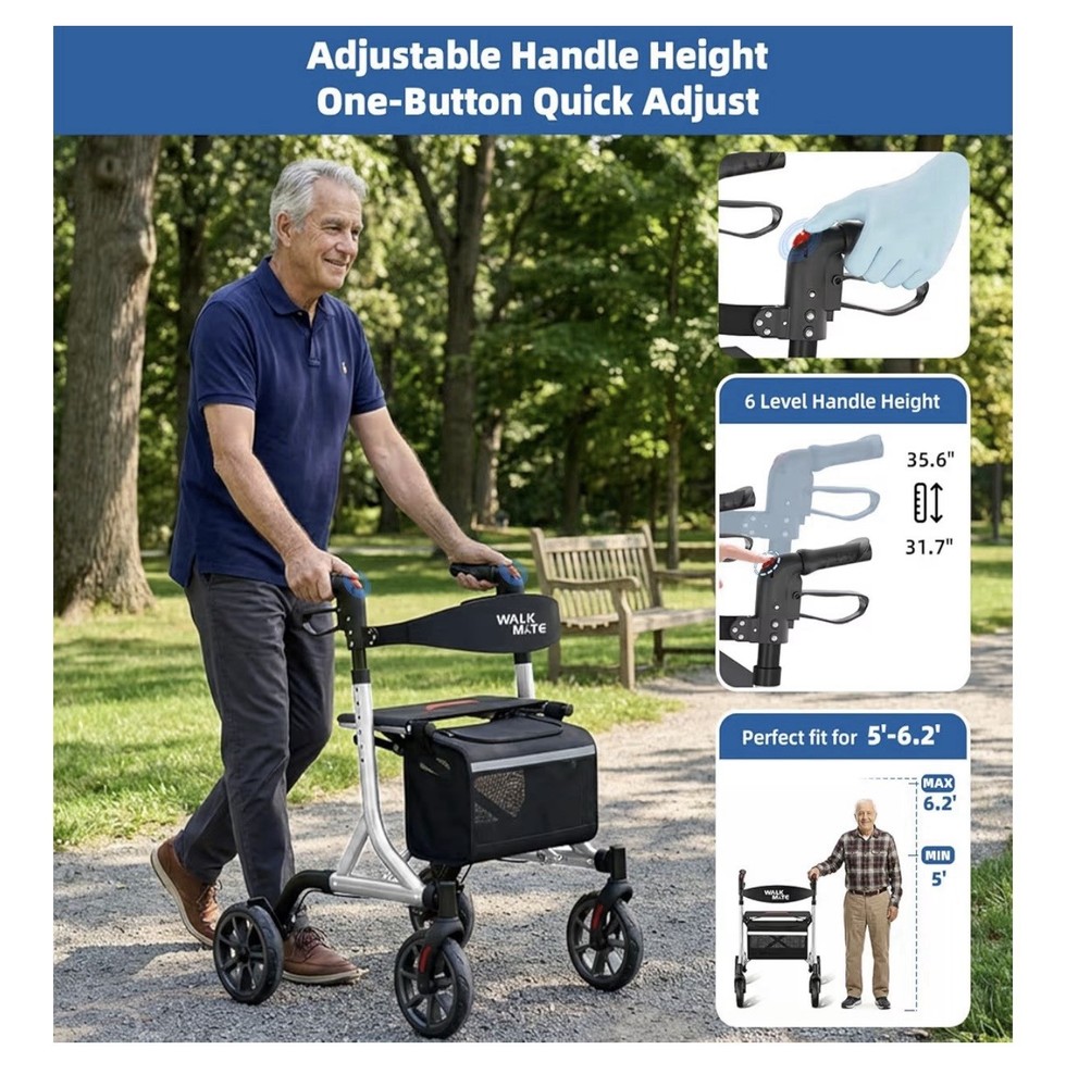 WALK MATE ROLLATOR WALKER Padded Seat & Backrest Cup Holder 8”Wheels Silver