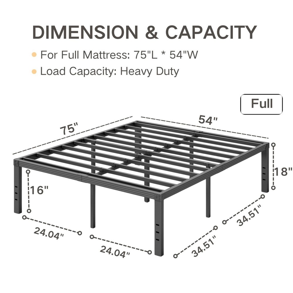 COMASACH Full Size Bed Frame 18" Tall Heavy Duty Metal Platform Bed Frame,Stu...