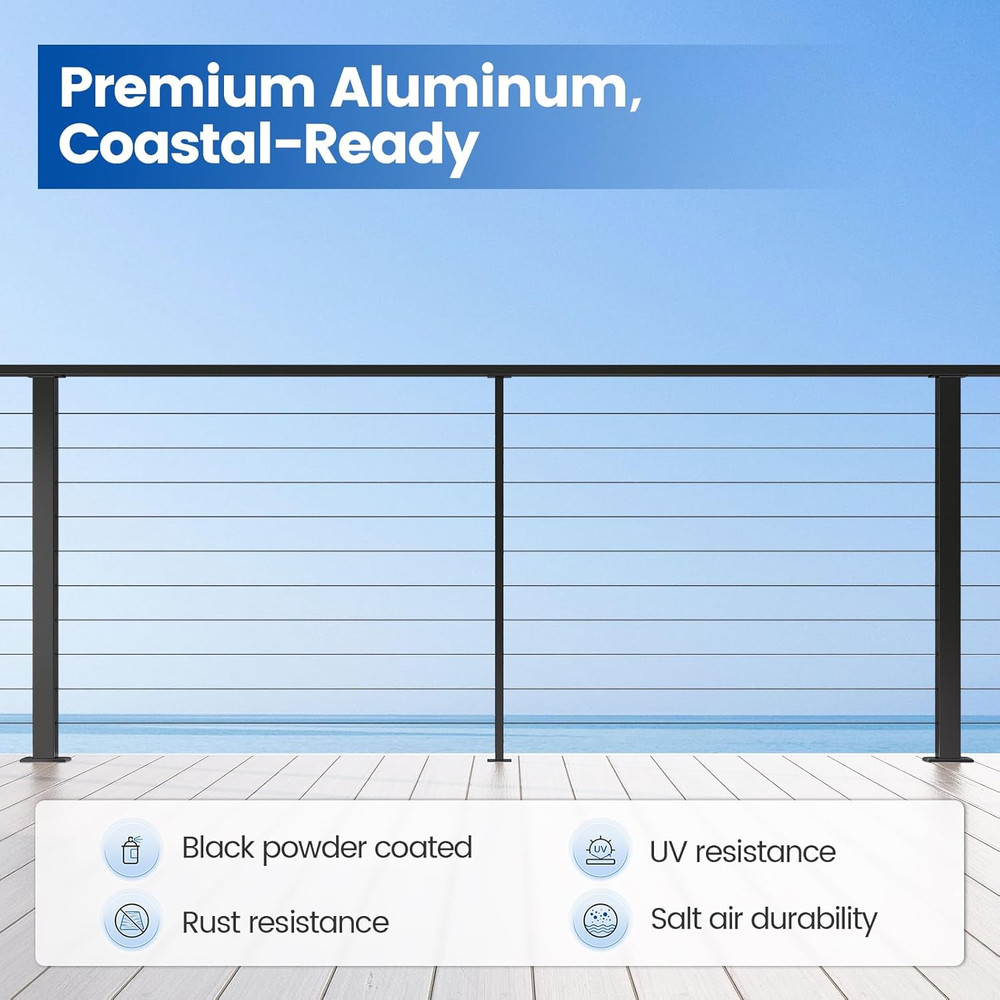 36" Black Aluminum Cable Railing Posts - 2 Pack for Indoor/Outdoor Use