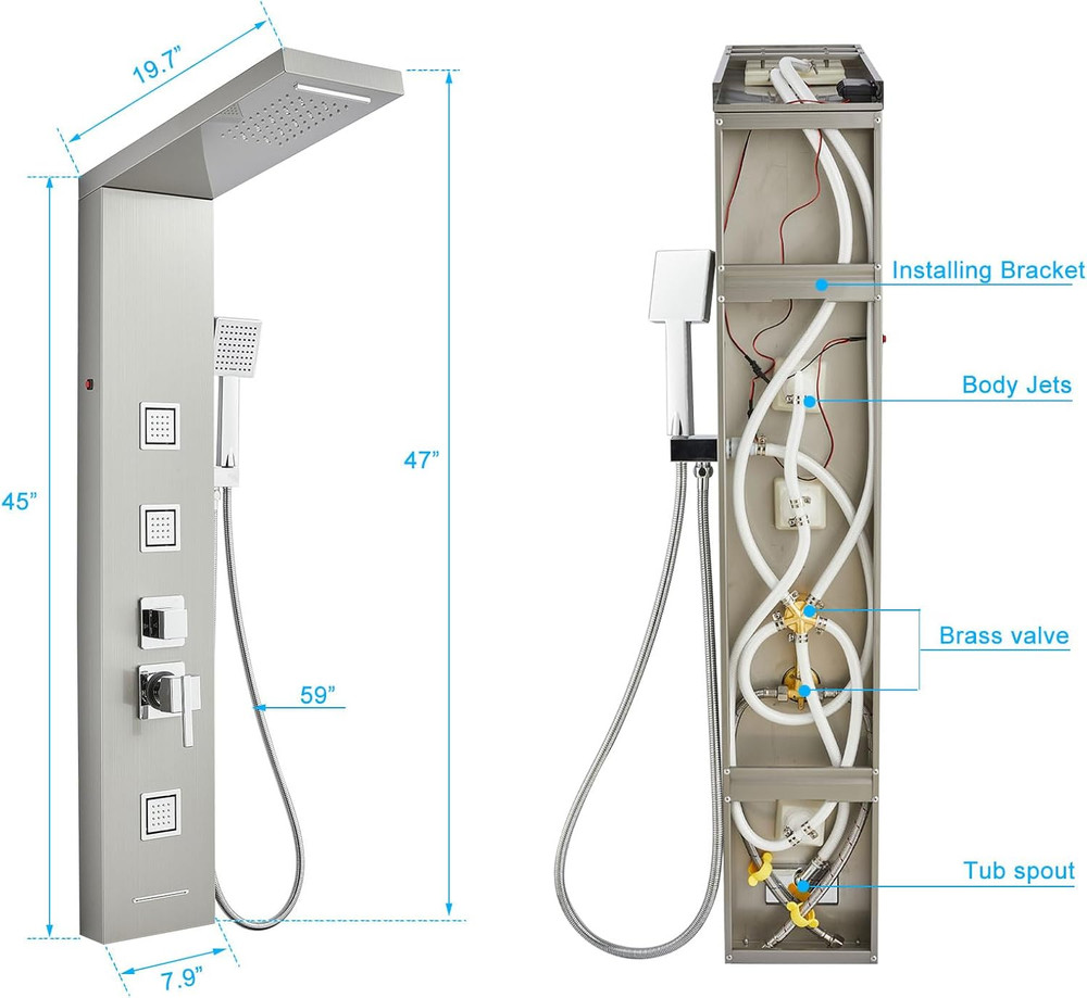 LED Shower Panel Tower with Rainfall, Massage Spray & Handheld Shower