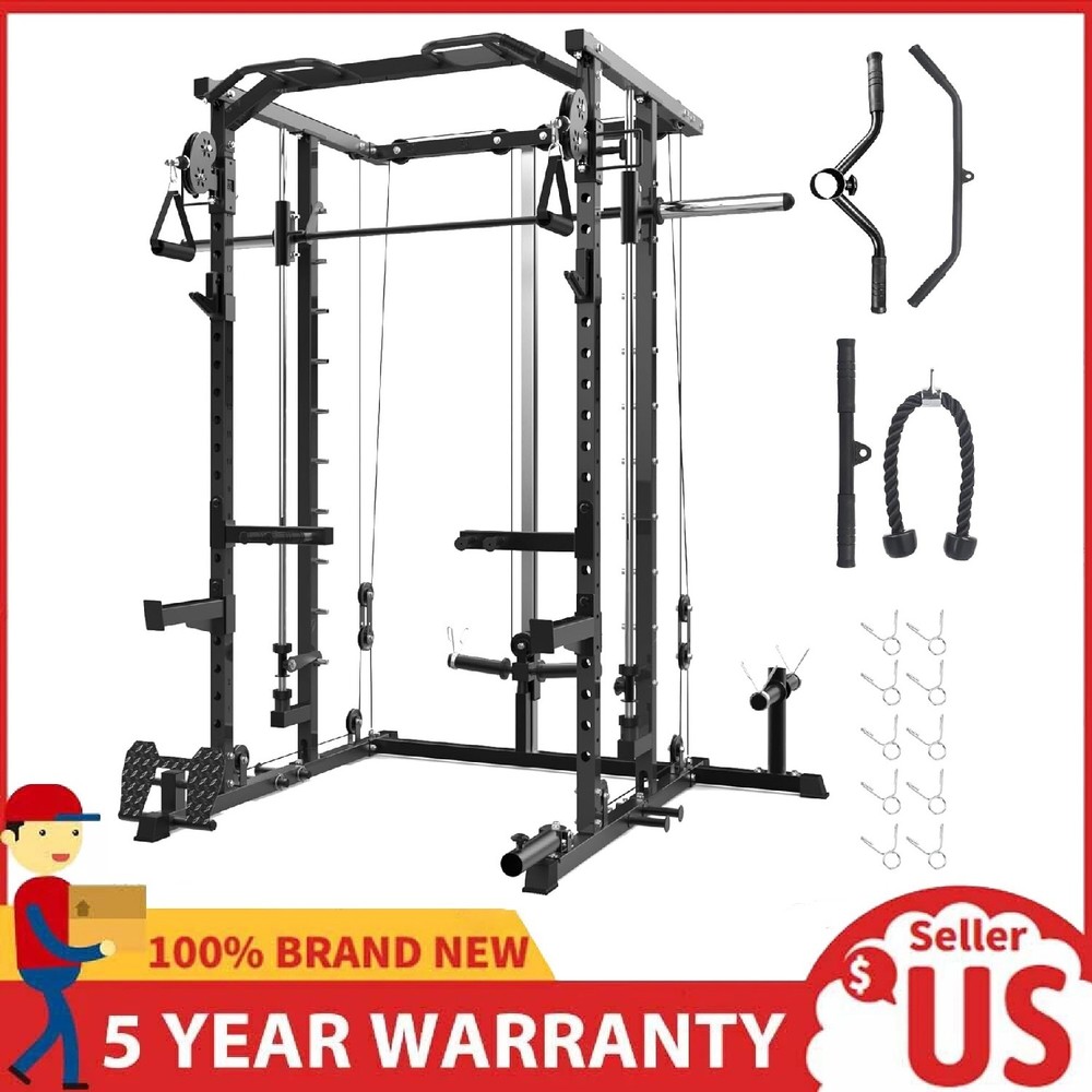 Smith Machine Power Cage with Pulley System LAT Pulldown Squat Rack for Home Gym