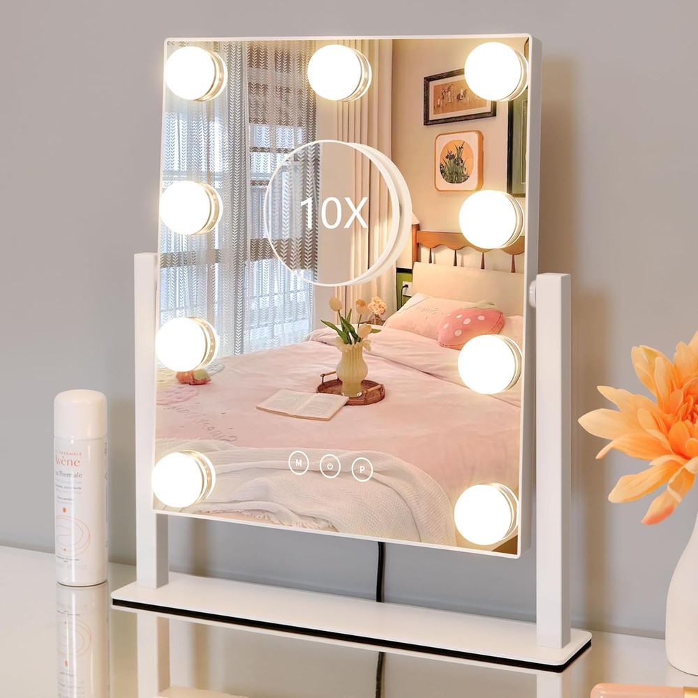 Lighted Vanity Mirror with 9 Dimmable Bulbs and 10X Magnification, White