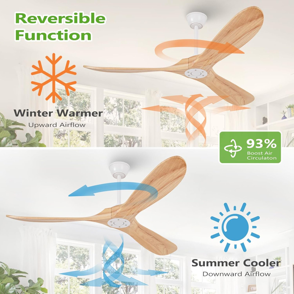 60" Natural Wood Ceiling Fan, Quiet DC Motor, Remote & Wall Switch, No Light