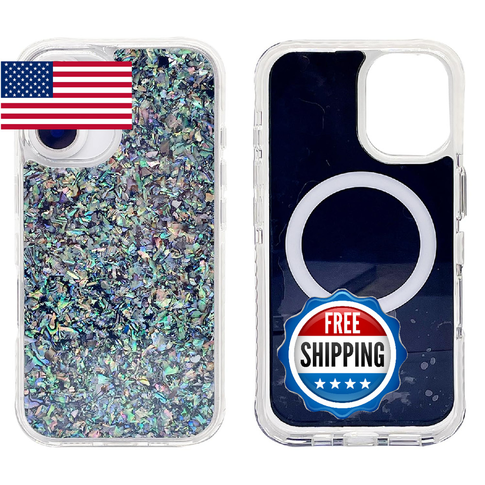 iPhone 16 6.1" MagSafe Bling Case Real Seashell Pattern Protective Cover Emerald