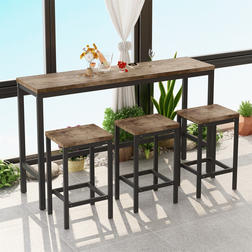 4 Piece Bar Table Set Counter Height Kitchen Pub Table w/ 3 Bar Stool US