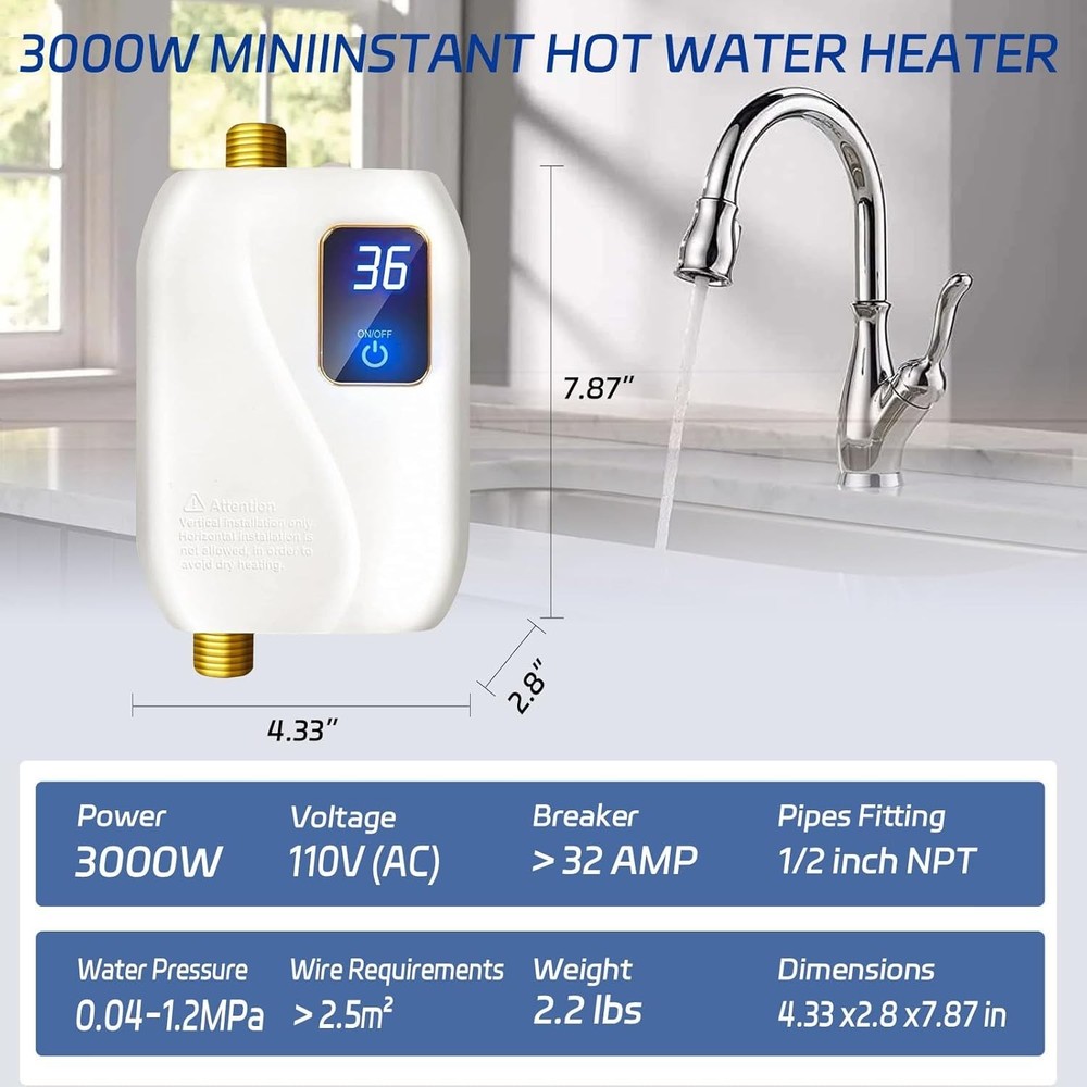 Tankless Water Heater Electric 110V, 3000W Instant Electric Water Heater, Und...