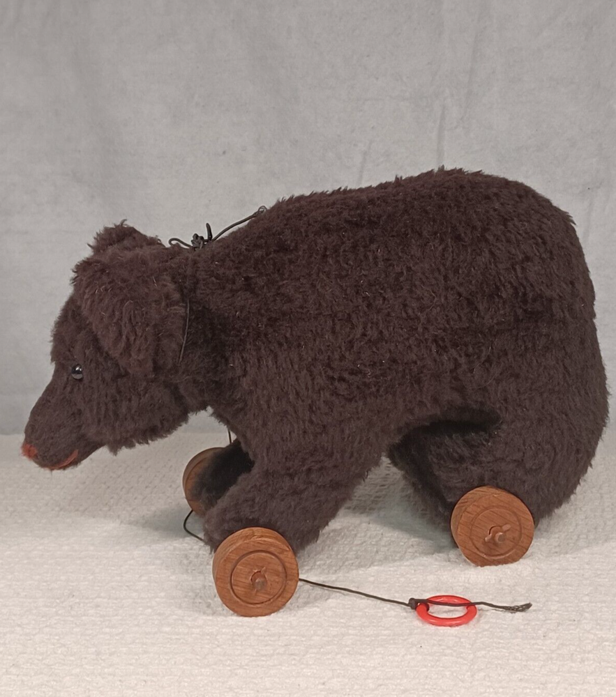Vintage Plush Teddy Bear on Wooden Wheels Pull Toy