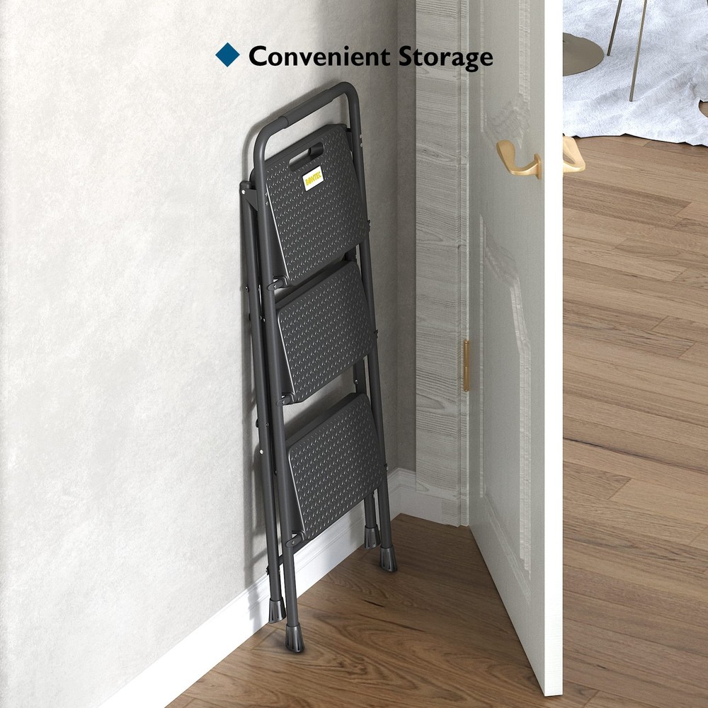 BONTEC 3-Step Ladder, Folding Step Stool, 3-Step, 600lbs Max Load, Black