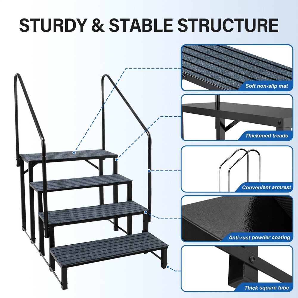 4 RV Steps with Handrails 4th Wheel Hot Tub Steps Anti-Slip RV Stair Step Ladder