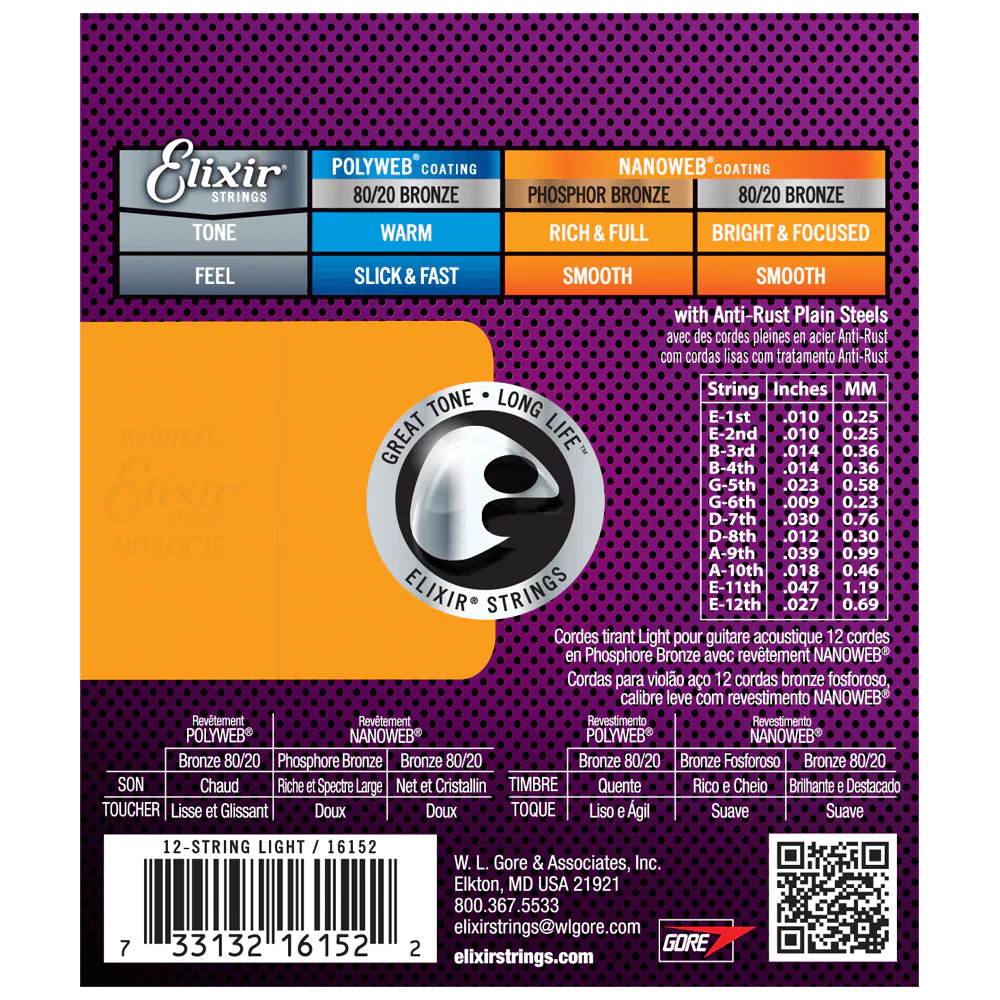Elixir NANOWEB Phosphor Bronze Acoustic — 12-String 16152 Light .010-.047