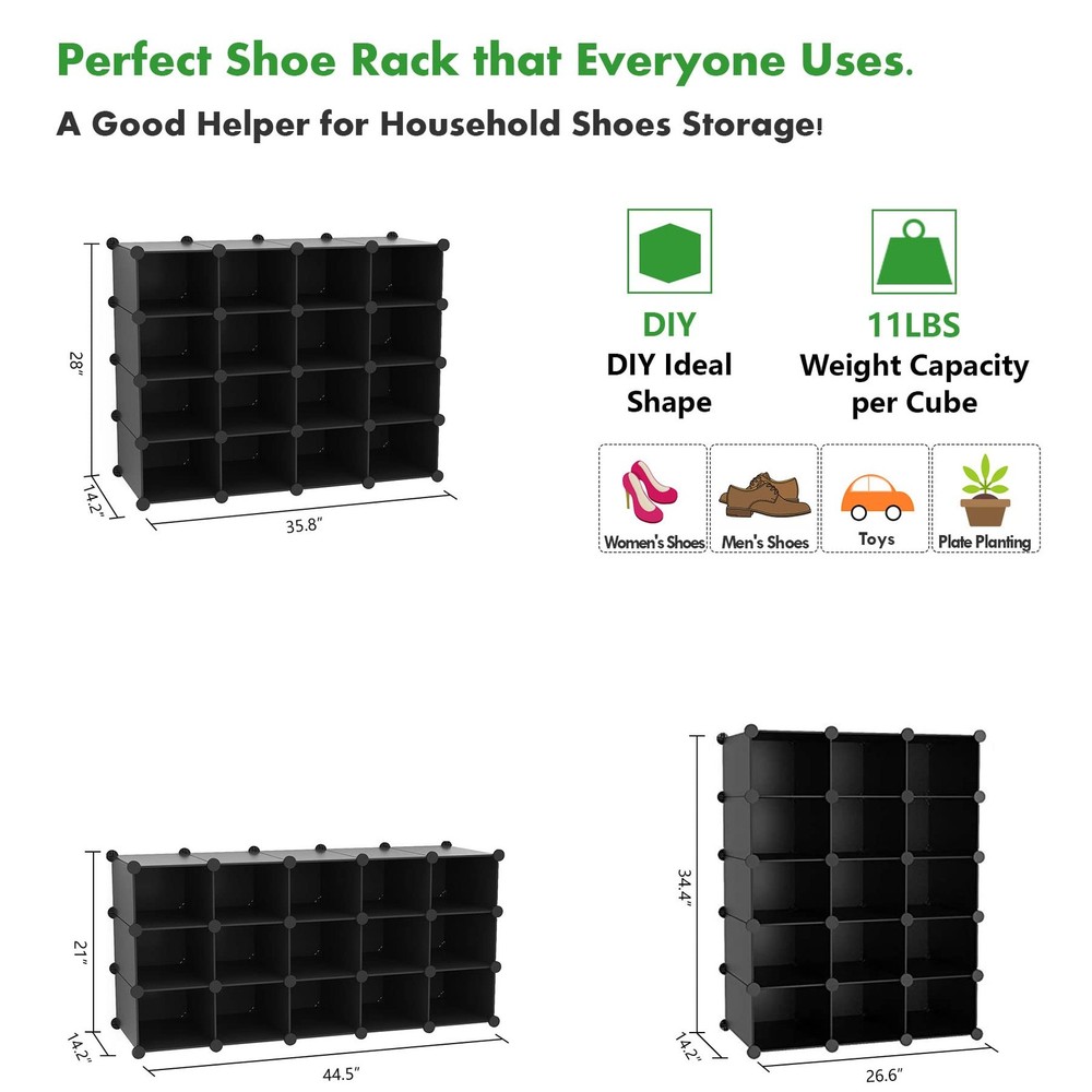 Plastic Shoe Rack,16-Cube Modular Shoes Storage Stand, Multifunction Closet C...