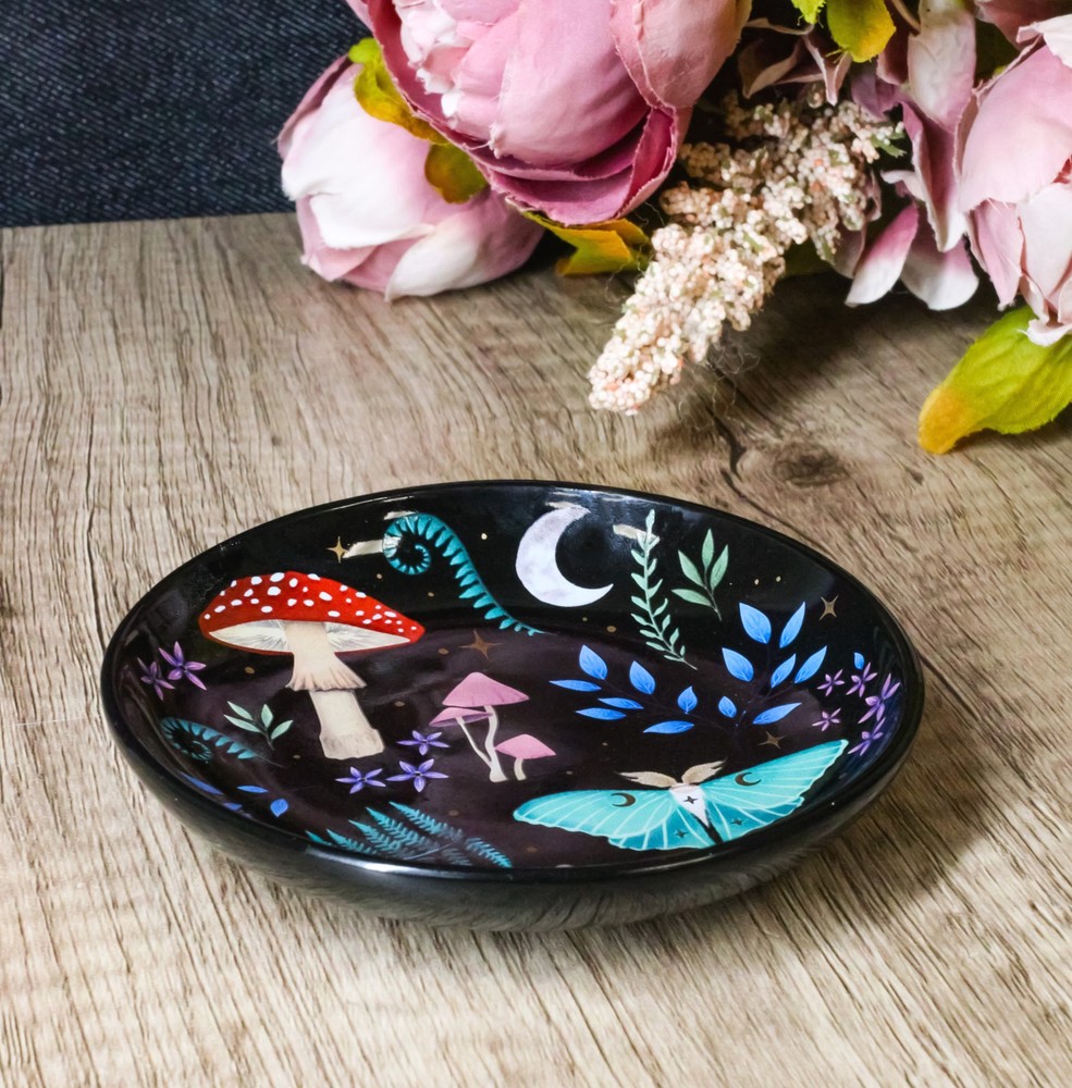 Ceramic Gothic Wicca Dark Forest Toadstool Mushrooms Luna Moth Trinket Dish