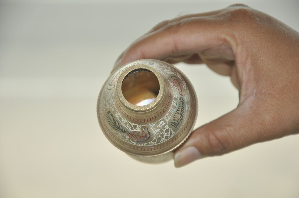 Vintage Unique Shape Brass Handcrafted Lacquer Work Powder Bottle