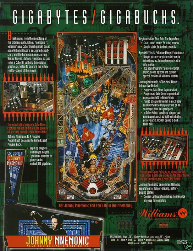 1995 WILLIAMS JOHNNY MNEMONIC PINBALL FLYER