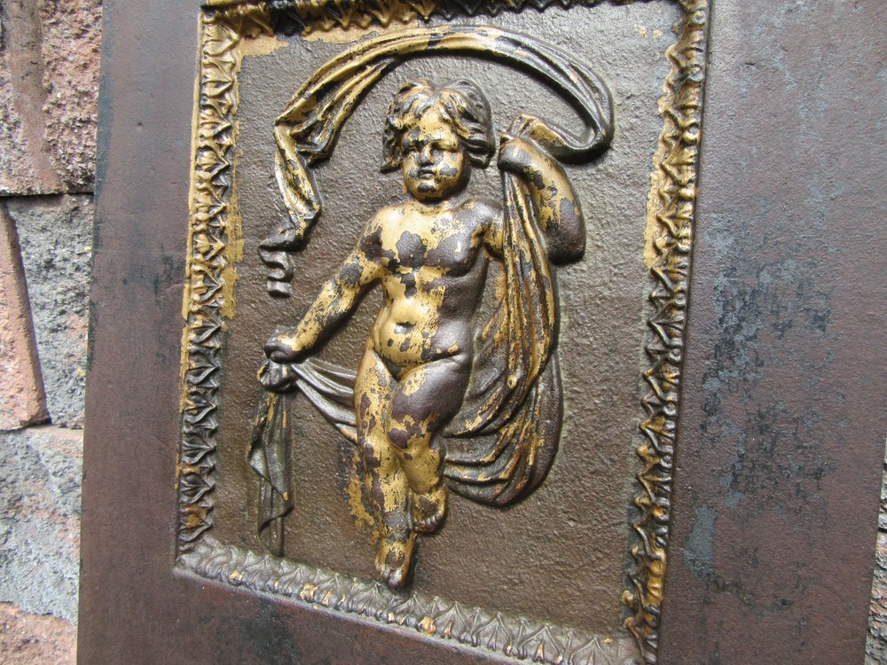 Antique Victorian Cherub Cast Iron Fireplace Insert Fireback w Gate Marks