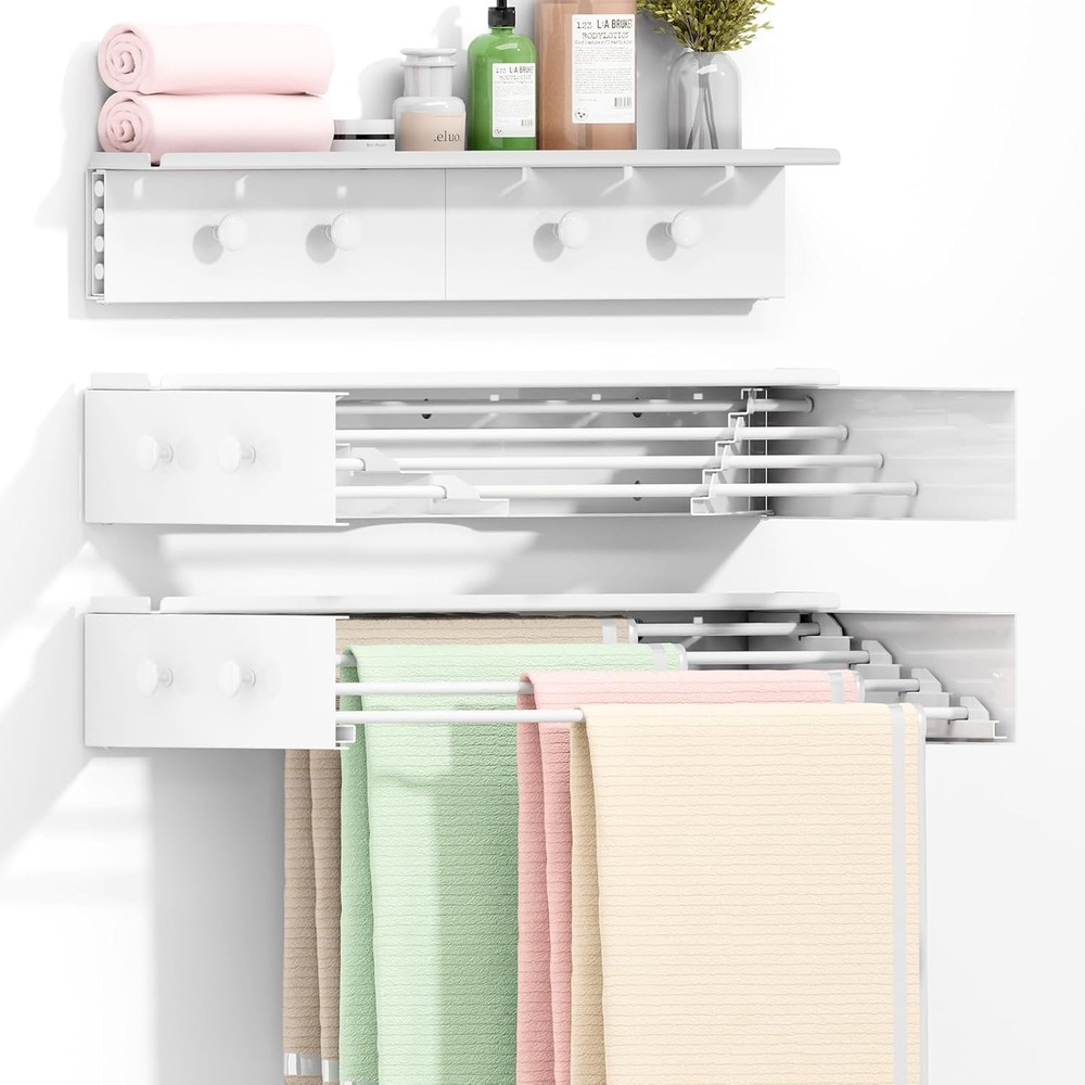 Wall Mounted Drying Rack with 4 Hooks and Shelf, Foldable Drying Rack
