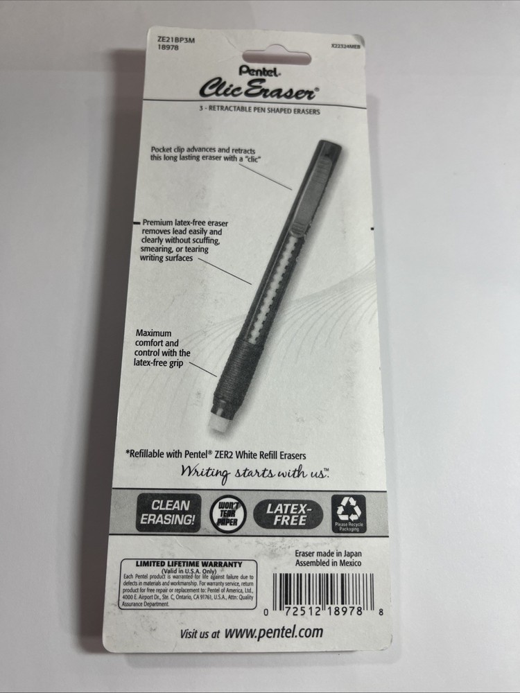 Pentel Clic Retractable Eraser with Grip, 3 Pack