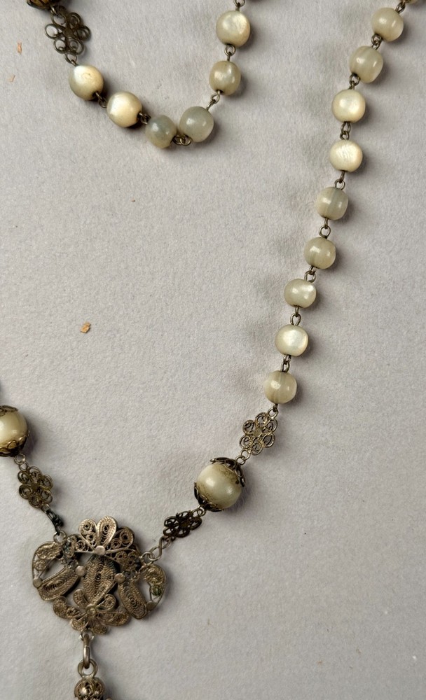 Antique MOP Balamuti Bead Rosary Filigree Silver Cross Crucifix Pendant Necklace