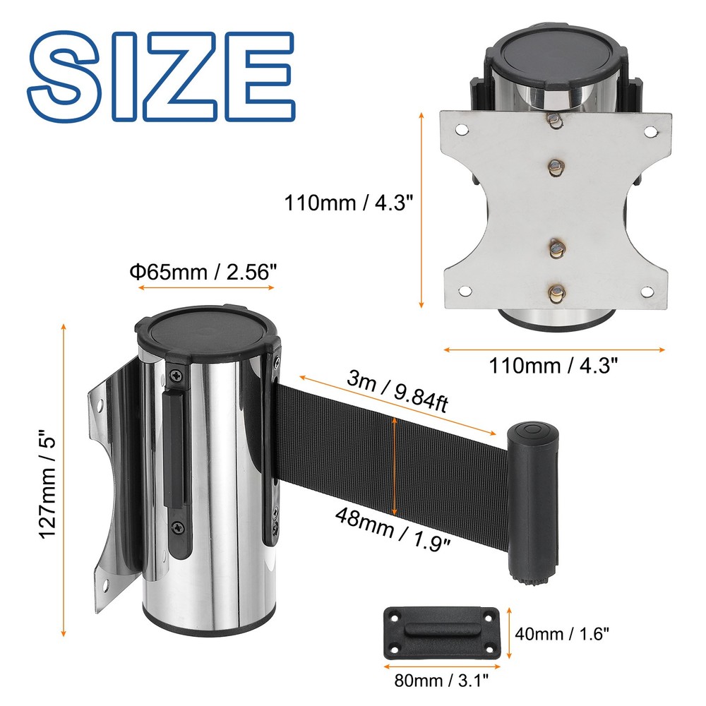 4 Pcs 9.84 ft Fixed Wall Mount Retractable Belt Barrier Silver/Black