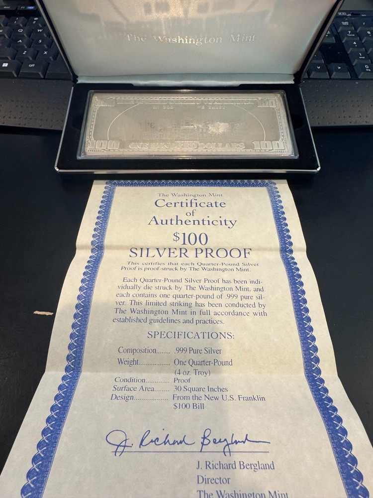 Washington Mint 1996 $100 Silver Proof Certificate