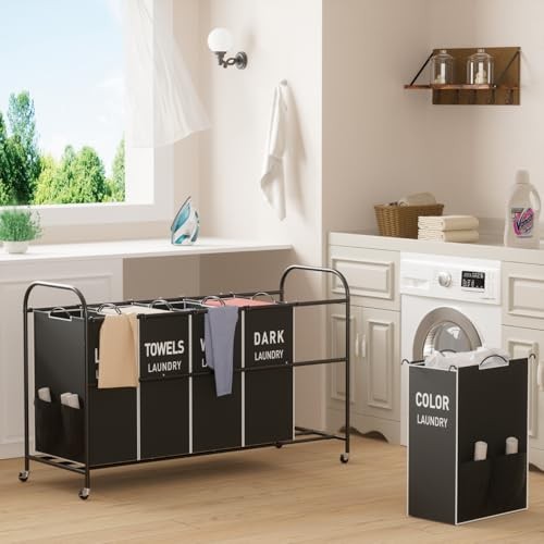 5-Section Laundry Sorter Cart, Large Laundry Hamper with Lockable Rolling Black