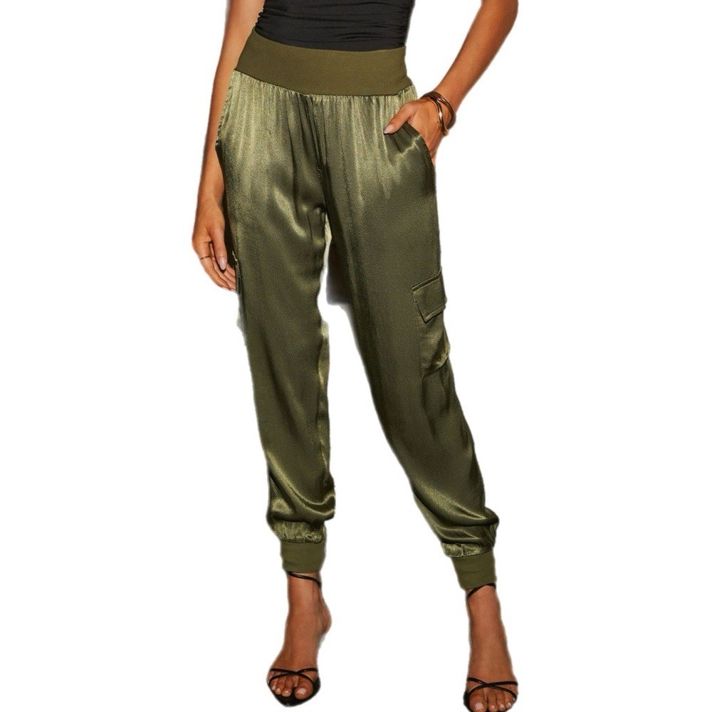 Luxe Look Satin Pocketed Joggers - Olive