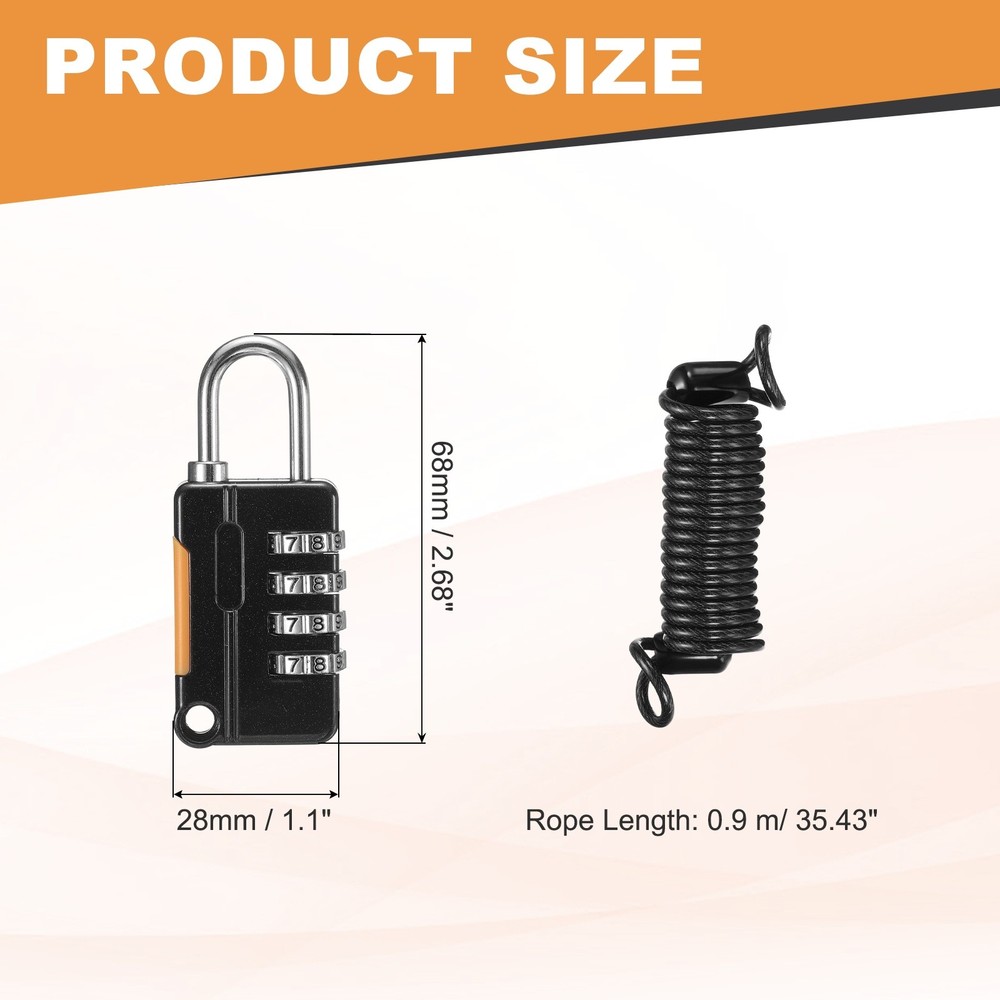 Luggage Lock, 4 Digit Combination Padlock with Flexible Black Cable (90cm)