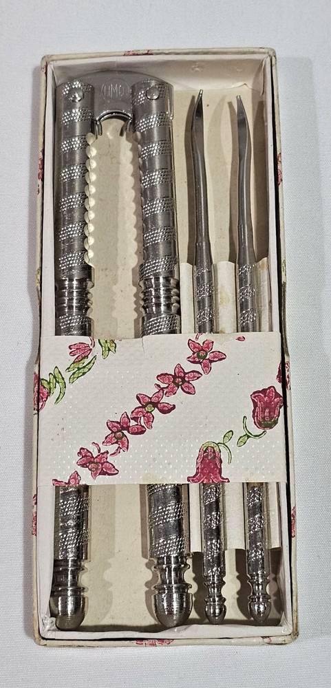 Vintage HMQ Metal Nut Cracker & Nut Picks 3 Piece Set In Original Packaging
